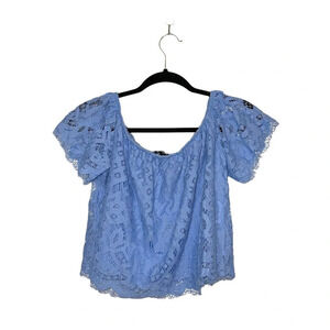 Express Periwinkle Blue Allover Lace Lined Off the Shoulder Top Medium Women’s